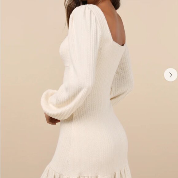 Lulus Coveted Sweetness Cream Pointelle Knit Long Sleeve Mini Dress White - Picture 2 of 3